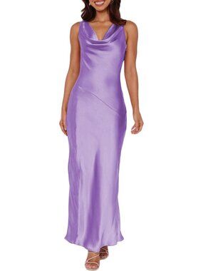 Women's Lilac Cowl Neck Summer Satin Backless Sleeveless Elegant Maxi Dress